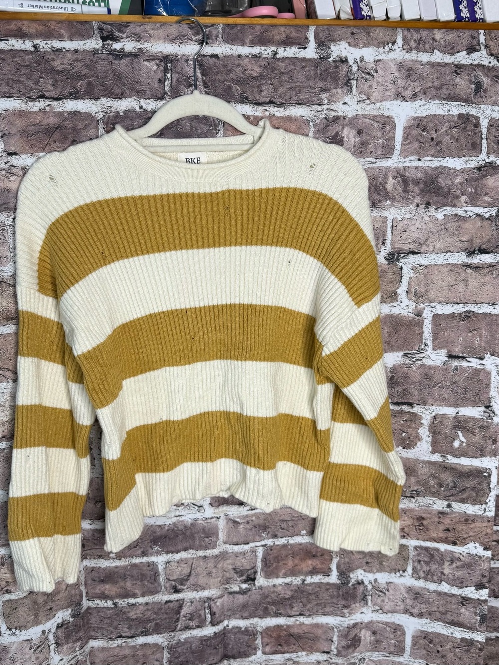 BKE Sweater Womens Small Mustard Yellow Cream Striped Distressed Ribbed Knit